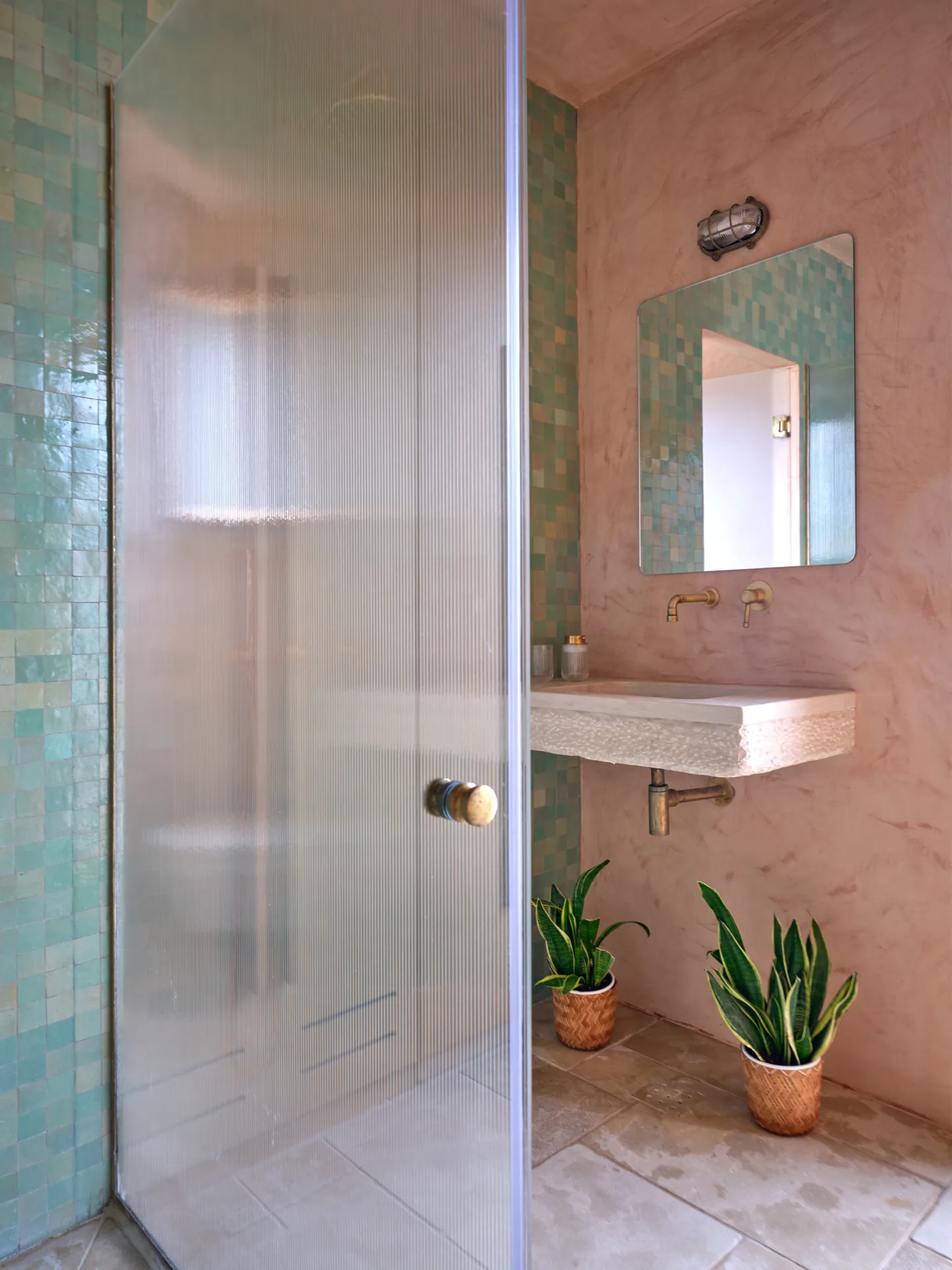 Bathroom frosted shower and vanity