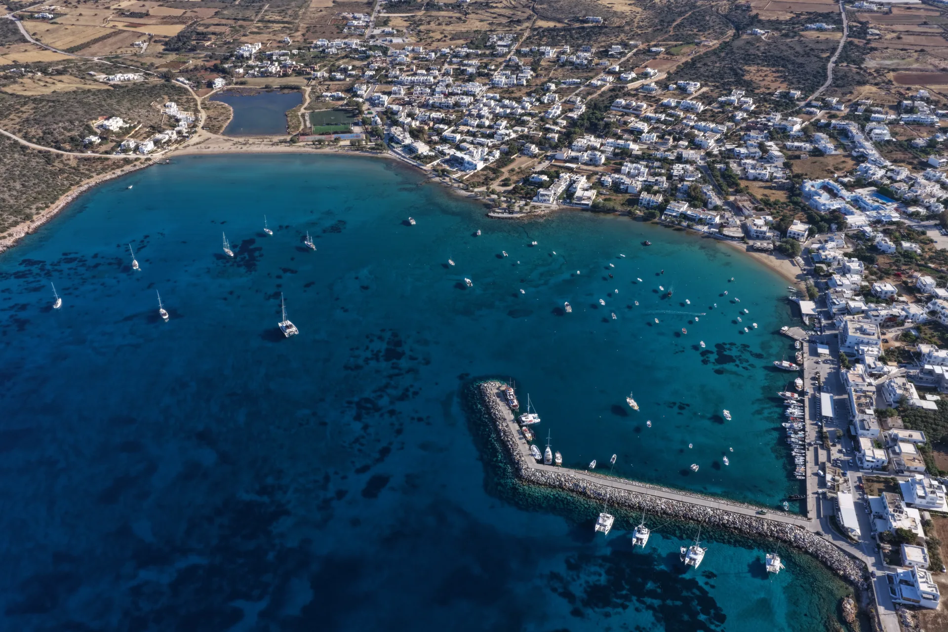 High aerial view of Aliki town and harbor