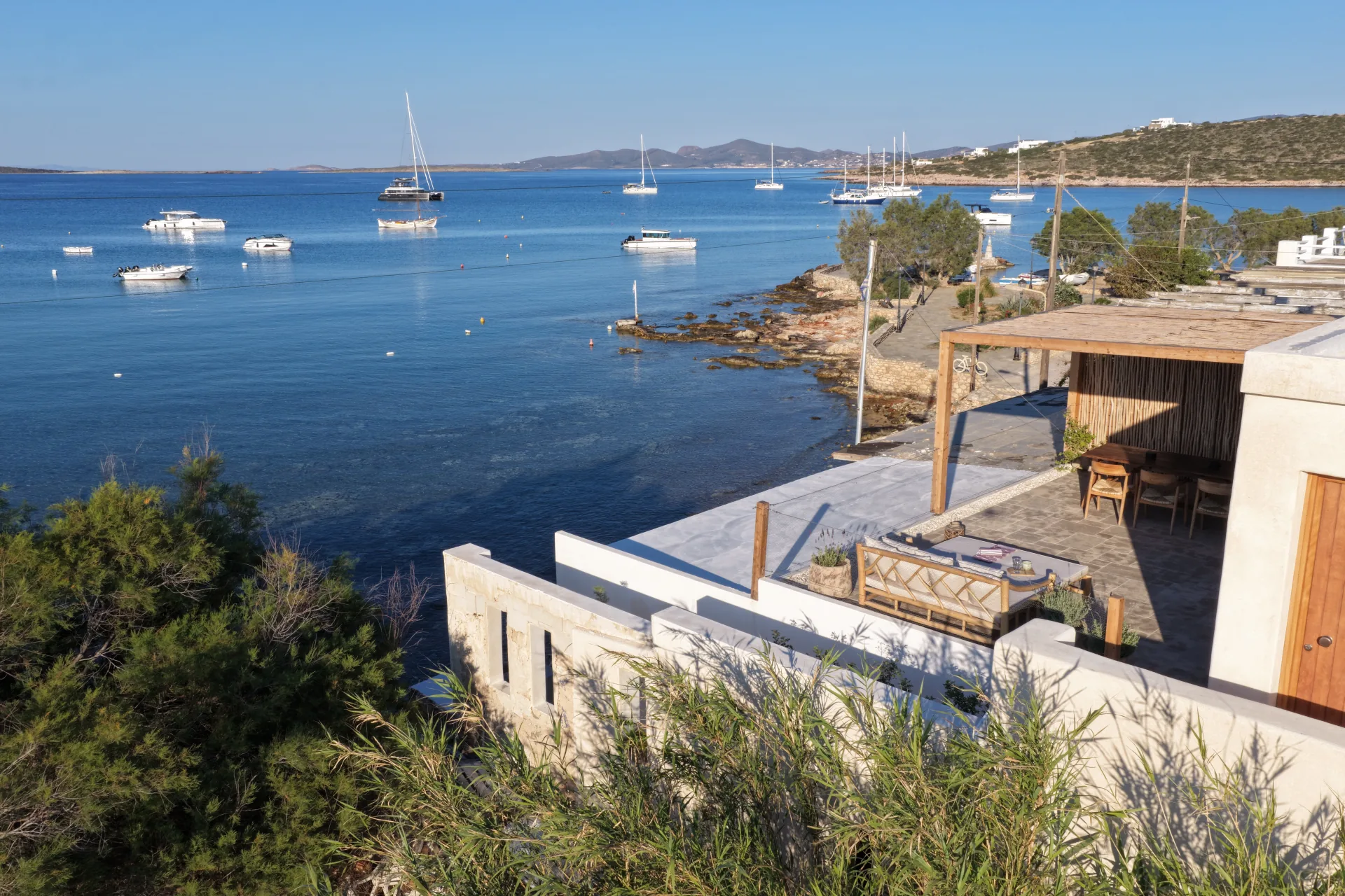 Aerial view of The SeaTree terrace overlooking Aliki bay