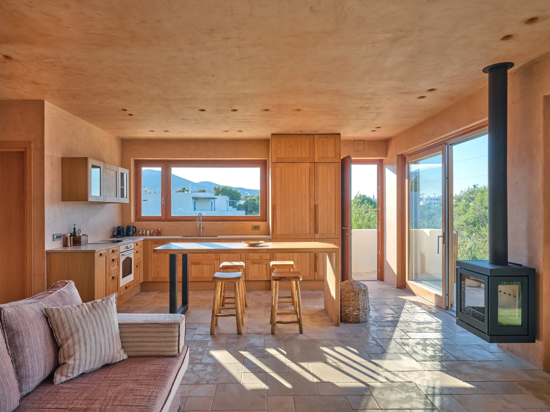 Kitchen island beside the wood stove